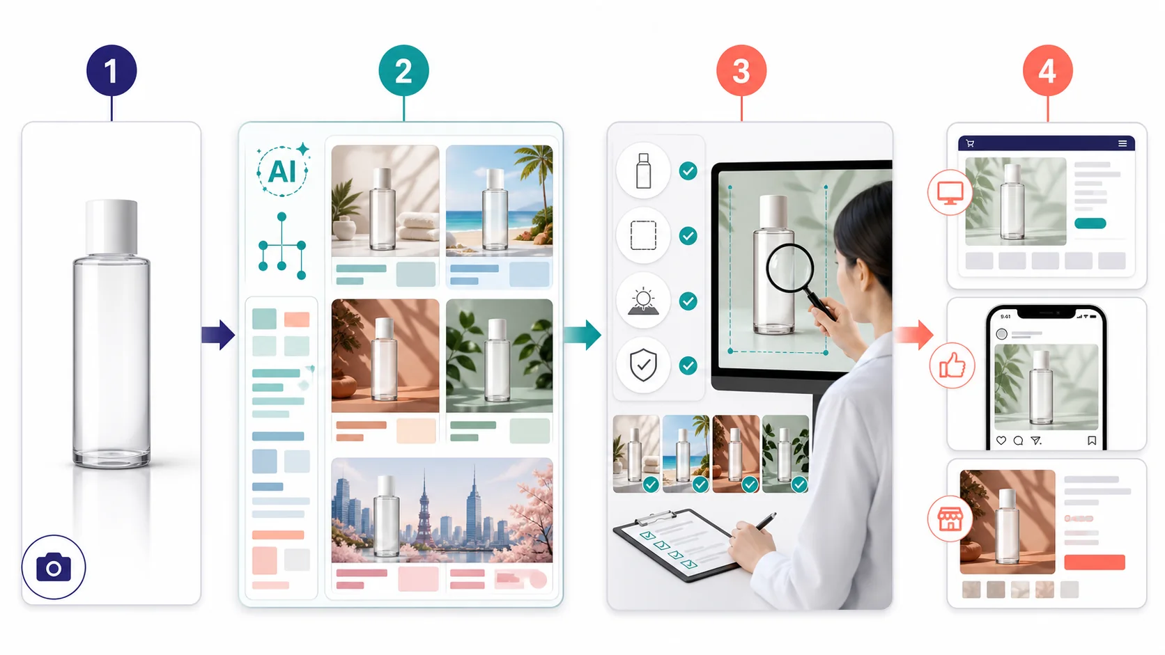 Ecommerce image workflow from source product photo through AI generation and human quality control to channel exports