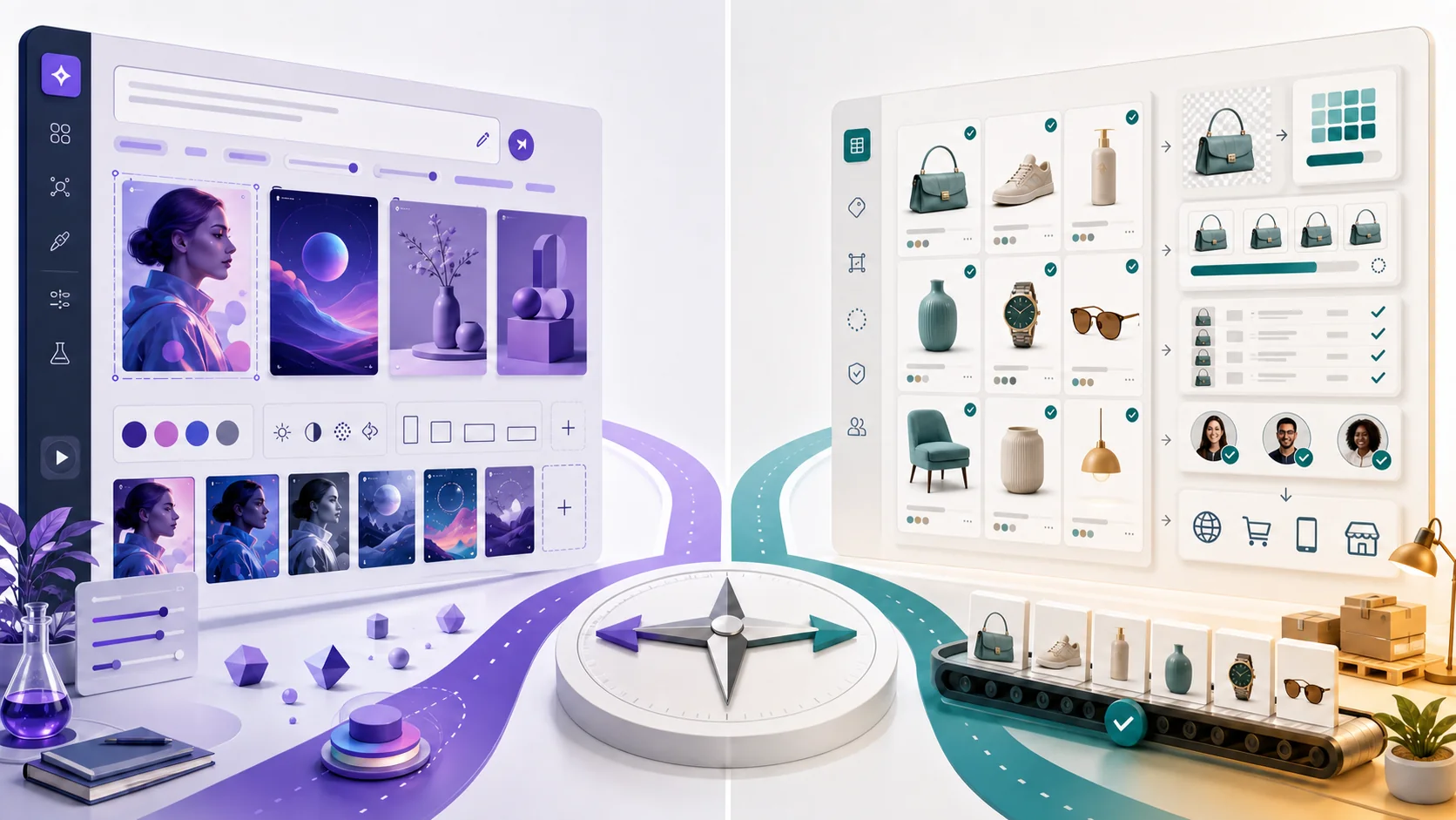 Decision illustration comparing an open model studio with a repeatable ecommerce catalog workflow