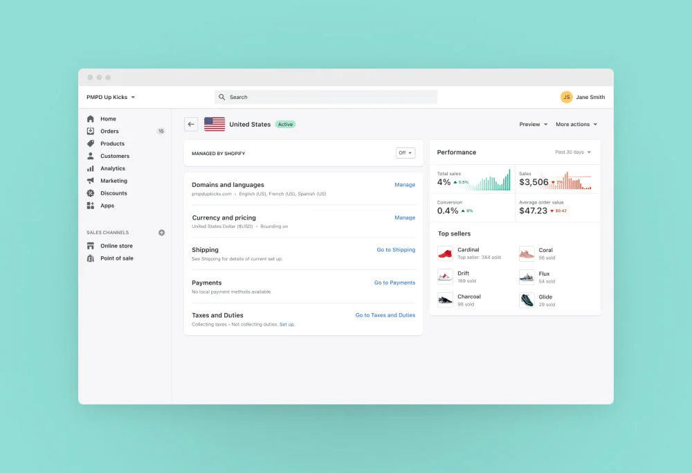 2021年Shopify Markets后台的官方界面示例