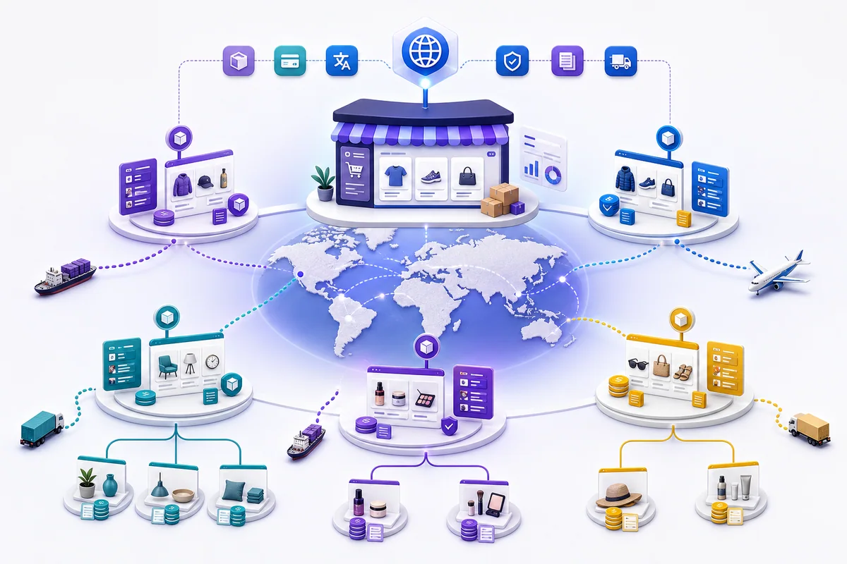 Shopify Markets全球市场、货币和目录配置示意图