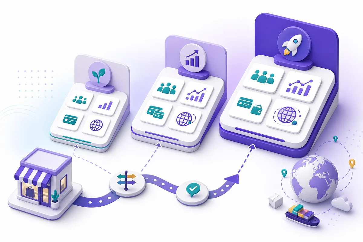 Illustration of Shopify plan selection by operating stage, team, and feature needs